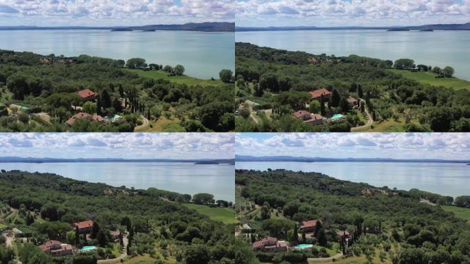 意大利翁布里亚特拉西梅诺湖的无人驾驶飞机视图