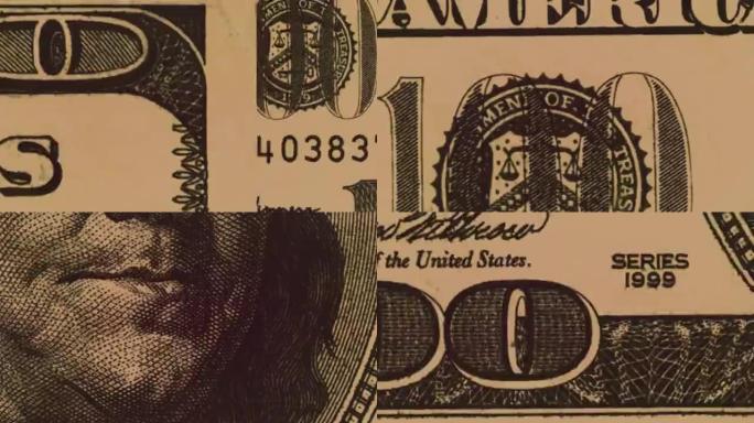 相机快速扫描一个古老的棕褐色的美国100美元钞票-无缝循环