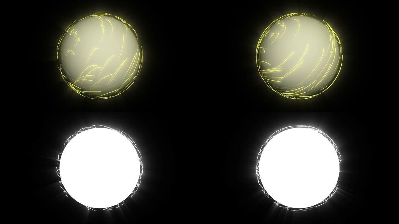 3D发光霓虹灯线在球体周围移动。带阿尔法通道的动画