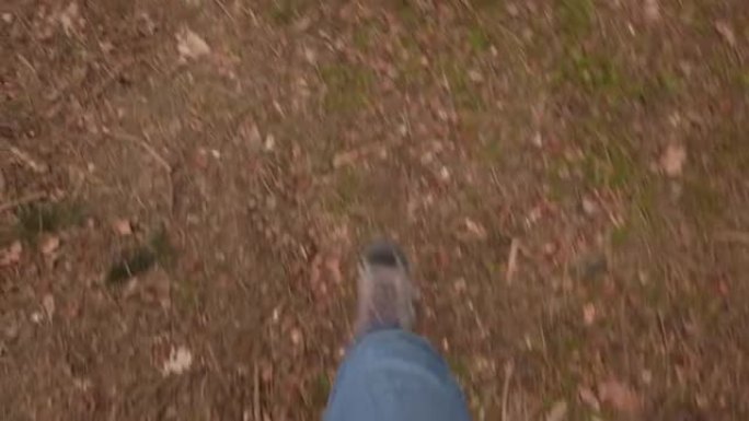 顶视图男性脚穿着登山靴穿过森林地面实时多云白天