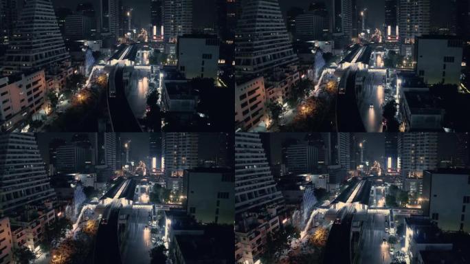 曼谷夜间鸟瞰图现代都市灯火通明繁华