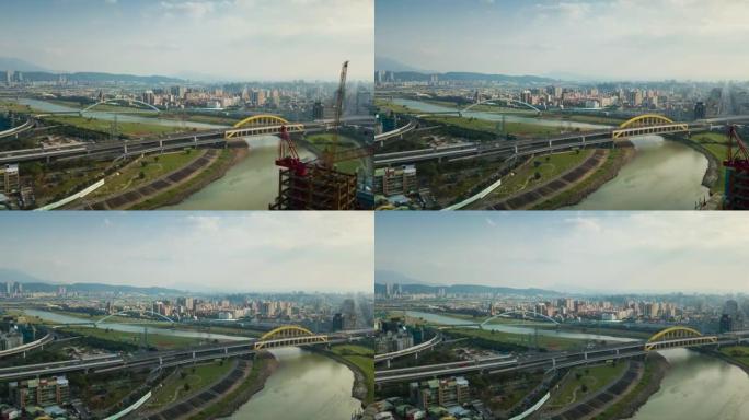 天光台北市景河桥施工空中全景4k延时台湾