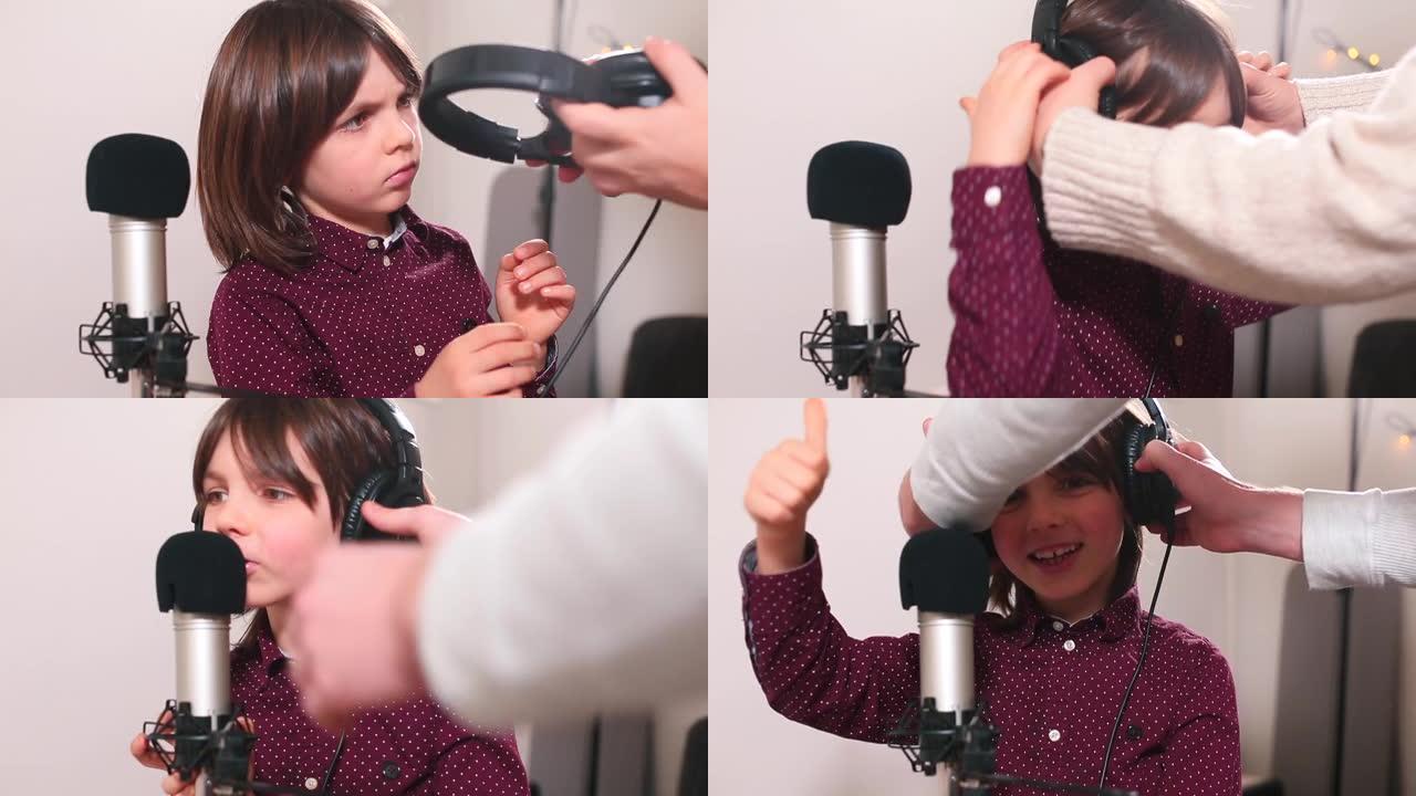 长发少年准备录歌老师把耳机戴在头上