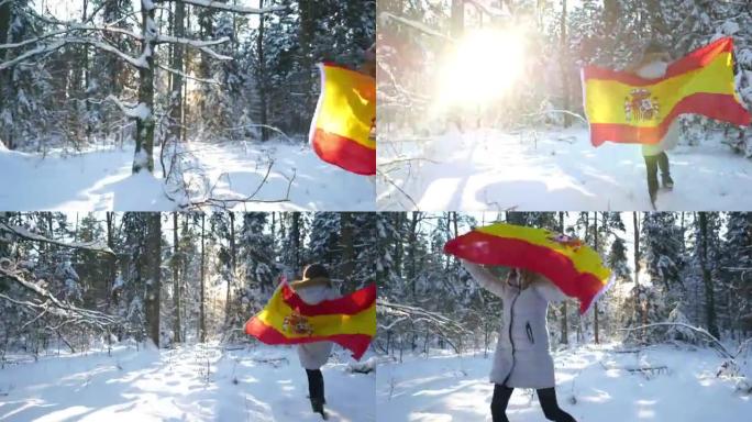 冬季光环中带有西班牙国旗的女孩