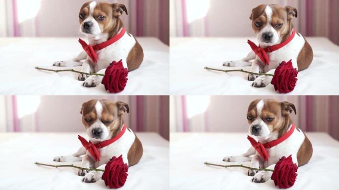 穿着领结的有趣的吉娃娃狗，红玫瑰躺在白色床上。情人。
