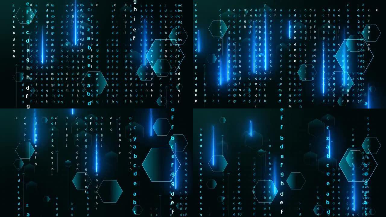 多边形未来矩阵数字和蓝色激光抽象光效应落在黑屏上