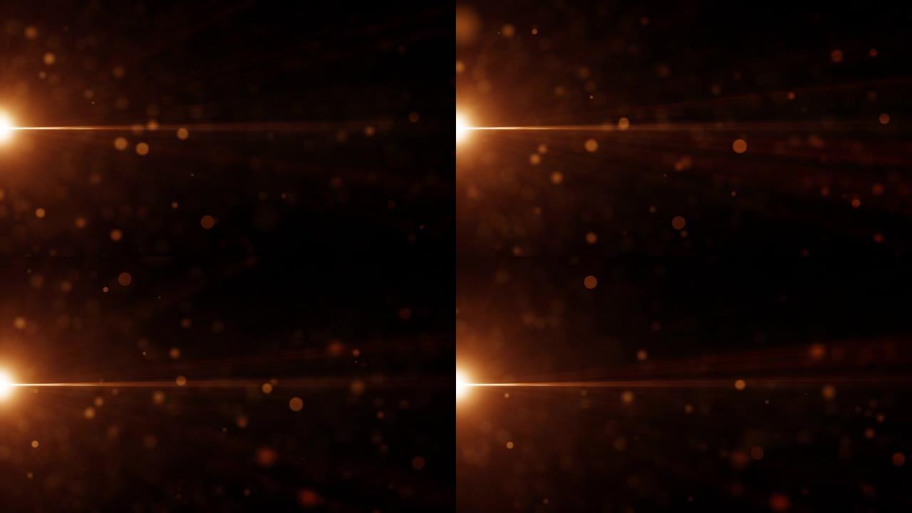抽象运动背景美丽的金色耀斑光与流动闪亮的金色博克粒子。4 k无缝循环抽象背景，用于标题，介绍，圣诞节