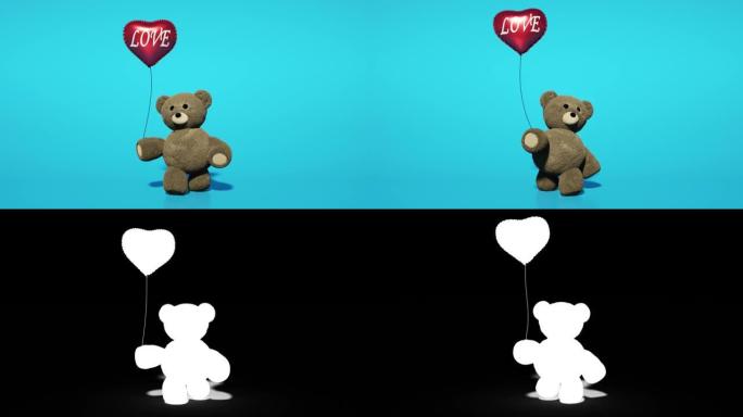 带有红色心形气球的泰迪熊。在蓝色屏幕上。玩具熊行走无缝循环。情人节动画。阿尔法通道。
