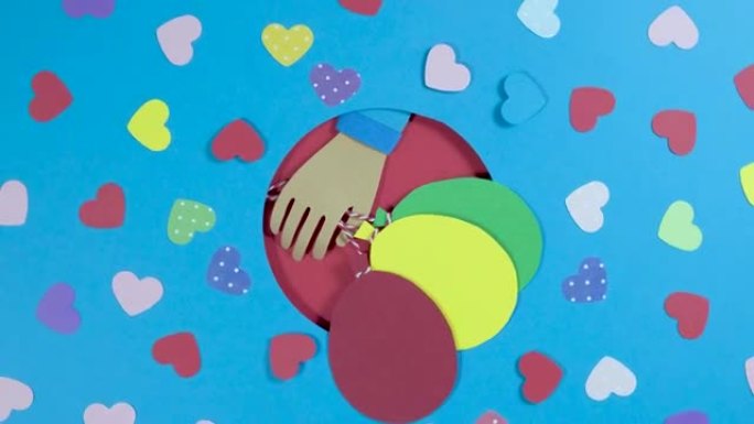 情人节背景的旋转。节日情人节背景与五彩纸心和气球。4k视频片段。爱情概念