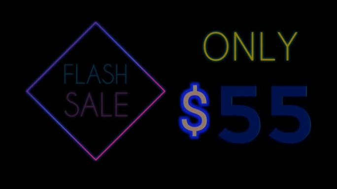 黑色背景上的Flash sale文字动画霓虹灯仅售55美元。4k视频