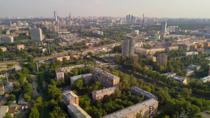 阳光明媚的日子工业莫斯科城市景观航空全景4k超延时俄罗斯