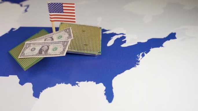 中央处理器和美钞在一张美国地图上，象征着数字美元