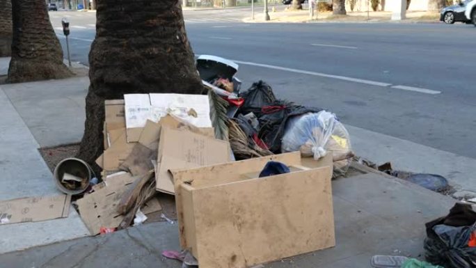 洛杉矶街头堆积的无家可归者的垃圾