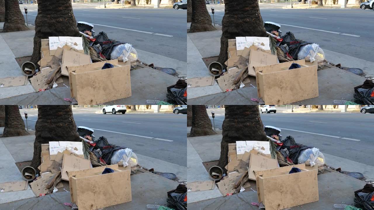 洛杉矶街头堆积的无家可归者的垃圾