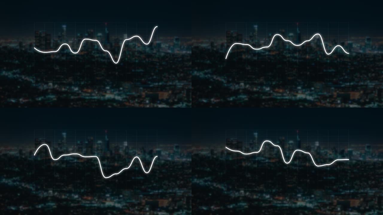 双屏曝光，城市城市的线条统计图和反映。屏幕上的信息图。计算机显示器上的反射动画