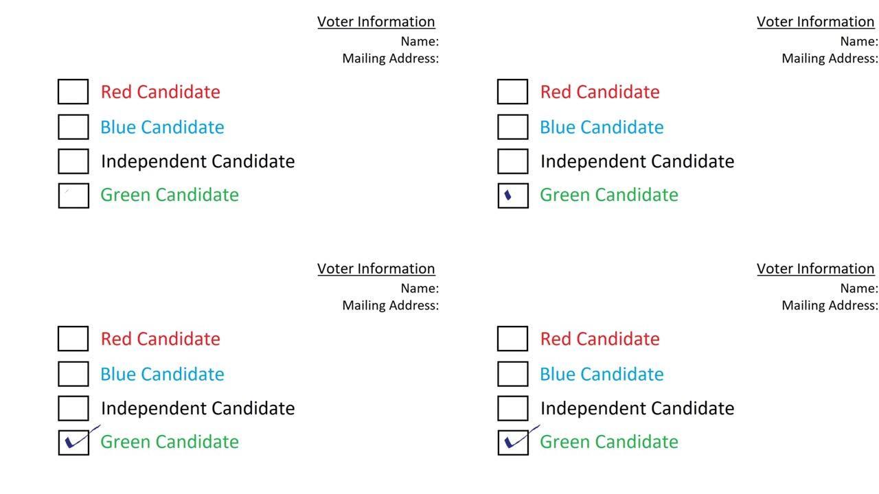 投票支持绿党候选人参加选举公投。在空的投票箱里打勾。在选票上投票。