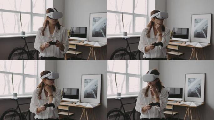 使用VR耳机更好地了解设计空间的女性建筑师的中景