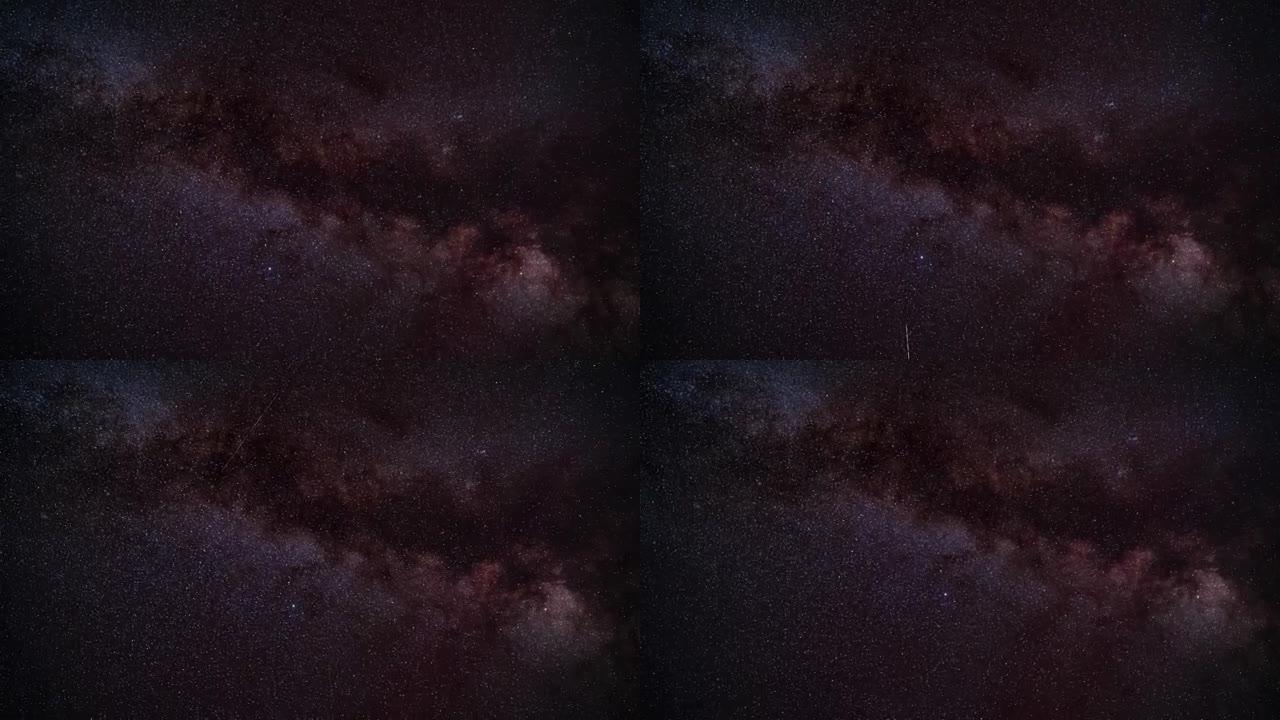 夜空延时，许多有卫星经过的恒星，天鹰座和射手座的银河系，可见明亮的Altair星