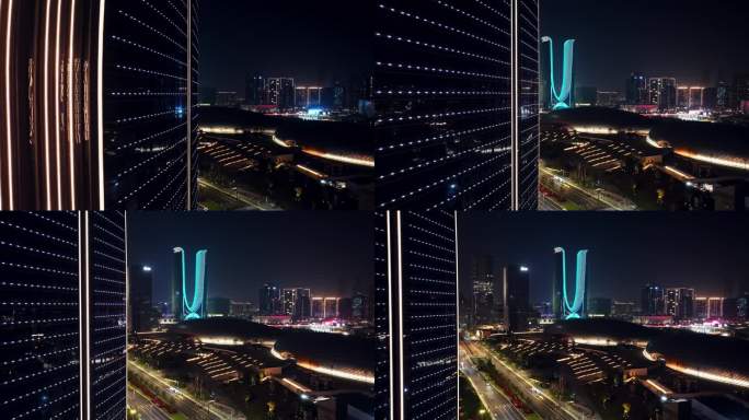 杭州之门航拍 夜景4K