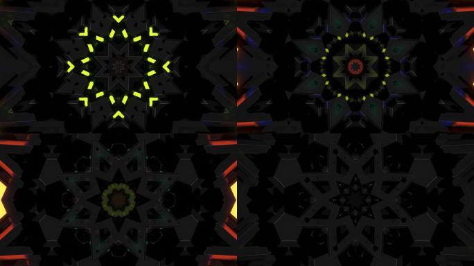 4k黑暗循环背景，具有几何3d和霓虹灯的抽象对称图案。科幻电脑朋克bg，用于表演或活动、节日或音乐会
