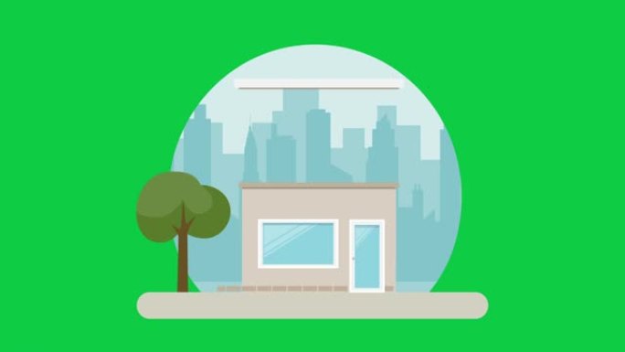 在色度键绿色屏幕上具有城市背景的药房建筑动画