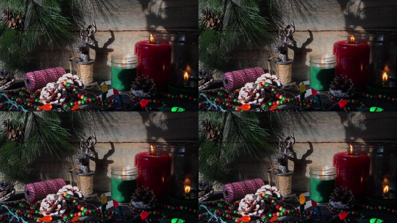 用点燃的蜡烛在晨曦中装饰圣诞节