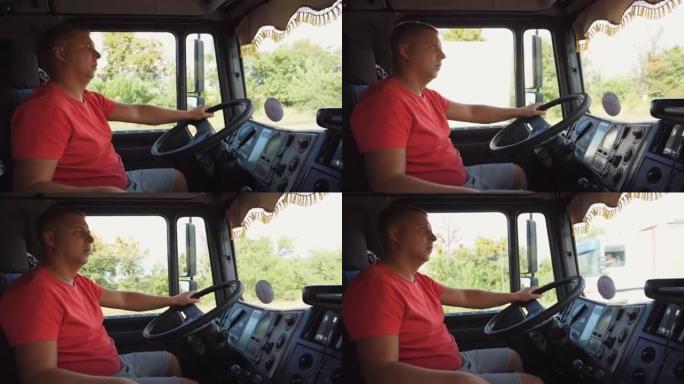 卡车司机把手放在方向盘上，控制卡车行驶到目的地。男子在乡下驾驶汽车。卡车司机在乡间道行驶。物流运输概