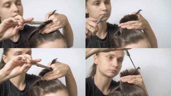 女孩理发师用稀疏剪刀使头发稀疏。