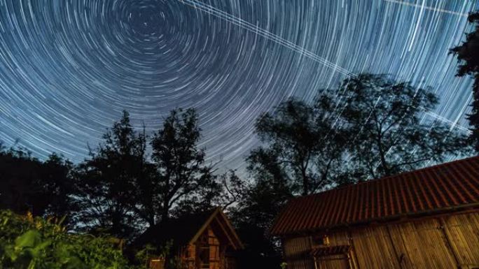 在农场建筑物上，恒星沿北方向北极星的圆形轨迹运动