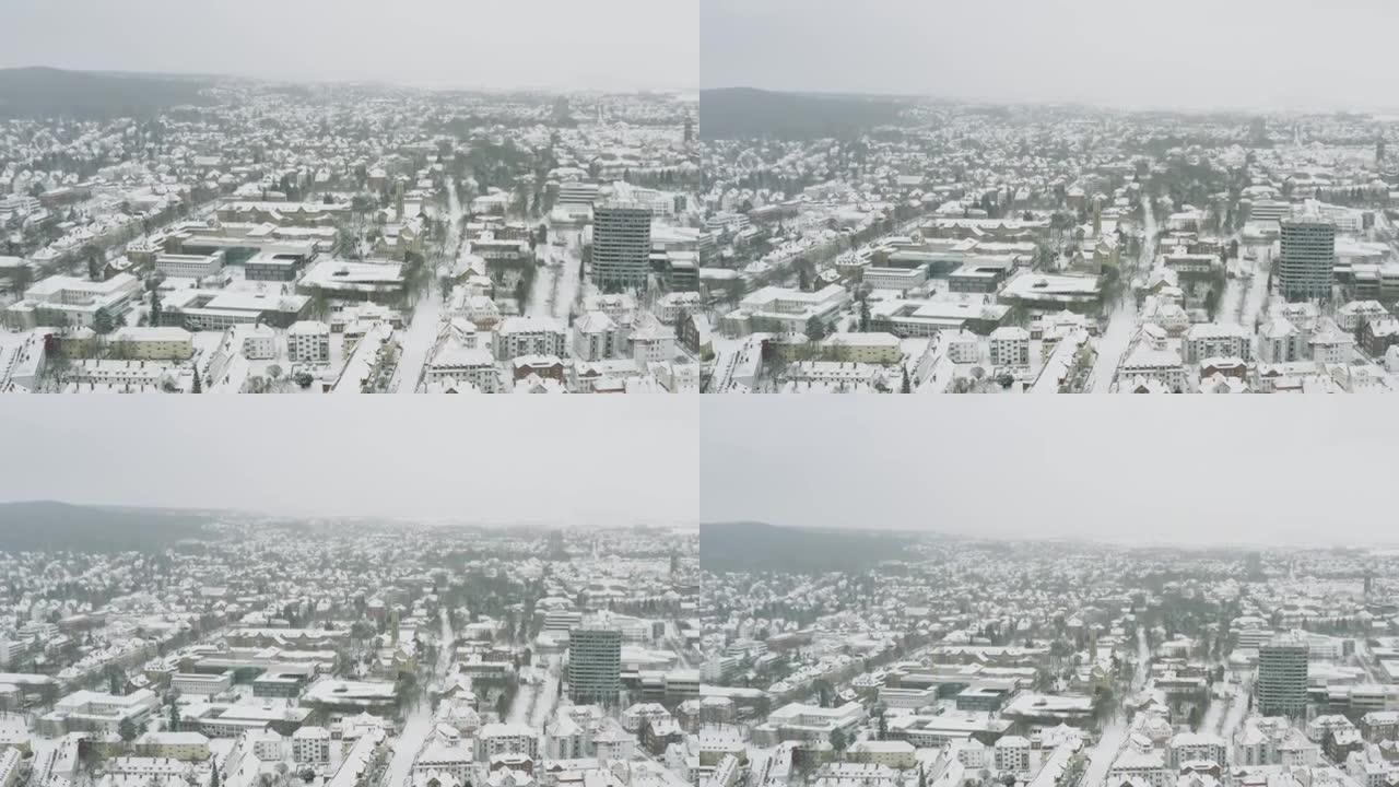 冬季2021年暴风雪特里斯坦后，哥廷根大学城的无人机天线。