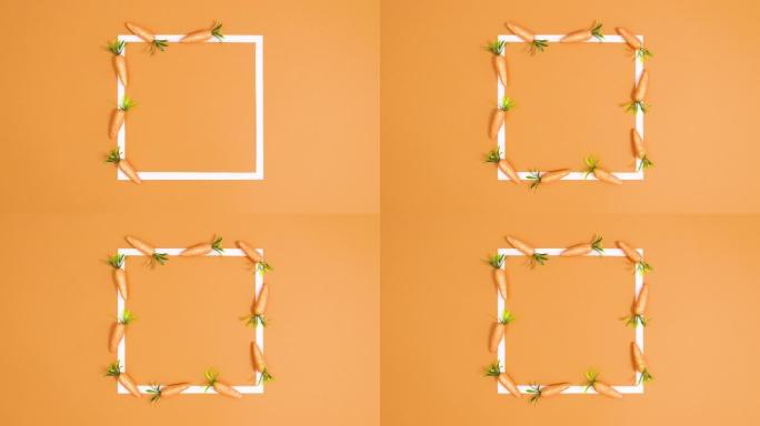 闪光胡萝卜制作橙色背景复活节的复制空间框架。停止运动