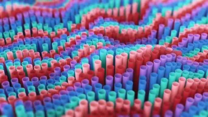 4k抽象几何克隆环排列在数码管中，彩色形状像波浪一样移动。彩色圆形。3d渲染动画