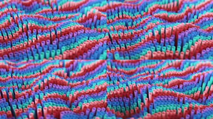 4k抽象几何克隆环排列在数码管中，彩色形状像波浪一样移动。彩色圆形。3d渲染动画