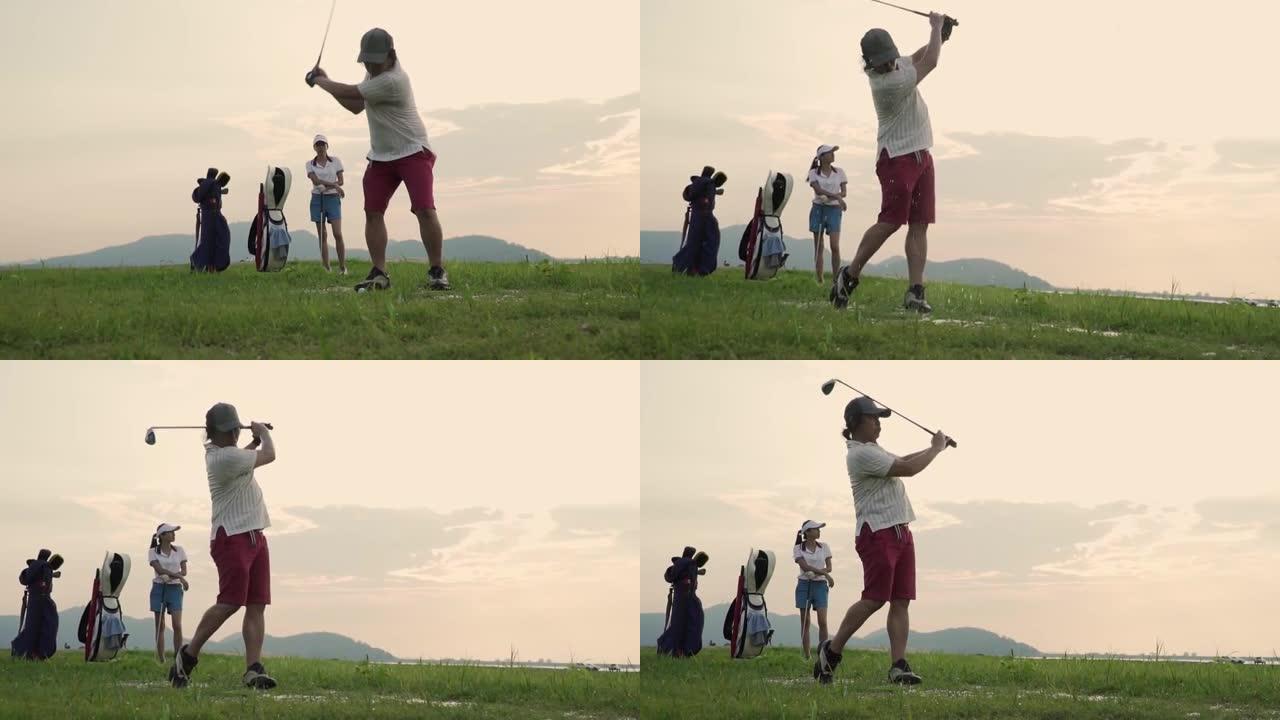 高尔夫球手的剪影扫荡并保持高尔夫球场