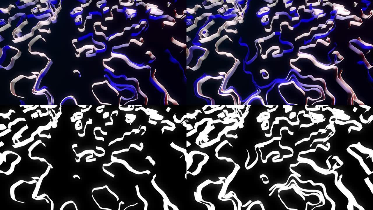 4k抽象bg，带有移动的蓝白线或色带，在平面上形成卷曲噪声。抽象计算神经网络或人工智能的概念。平面上