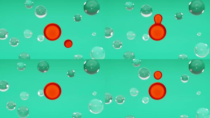 带有肥皂泡的抽象背景，现代艺术，几何形状，带有红色圆圈的动态3d设计，绿色水池中的玻璃液球或水滴，显