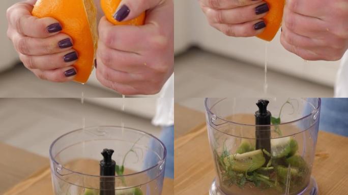 一个女人用手从橘子里榨汁的特写镜头。