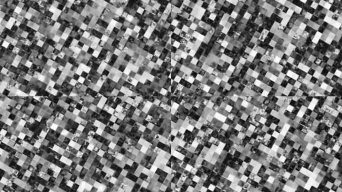 移动正方形块，从黑色背景到白色的表面转换动画，抽象块背景，成千上万的块在正方形中移动，导致眼睛疲劳的