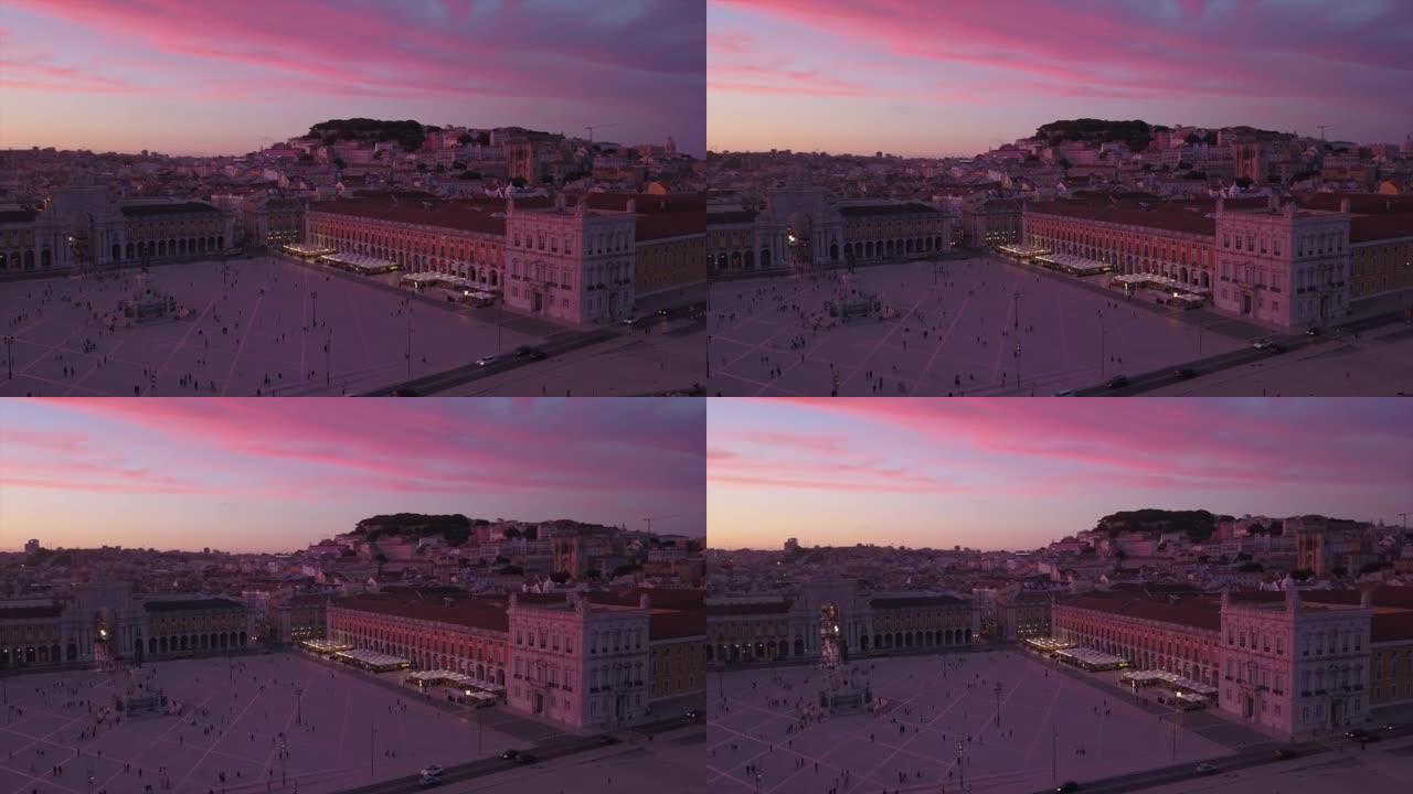 日落天空里斯本城著名广场空中全景4k葡萄牙