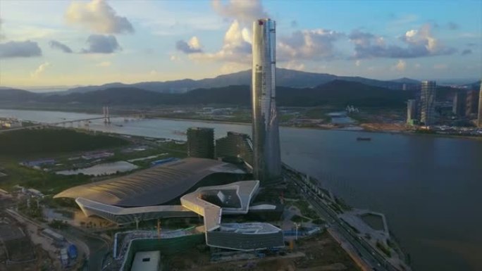 日落天空珠海国际会展中心海湾空中全景4k中国