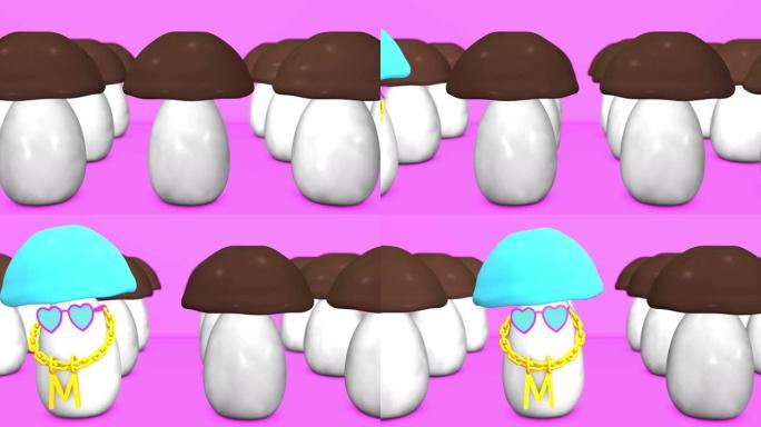 花式蘑菇舞的3D动画。独特性和个性概念。