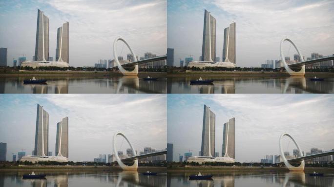 日落时间南京市著名国际青年文化中心人行天桥慢动作全景4k中国