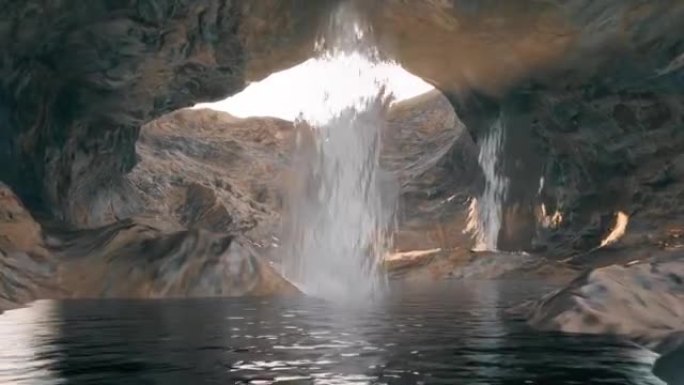 慢慢地通过一个里面有瀑布的洞穴进入，然后离开另一侧进入美丽的海洋场景