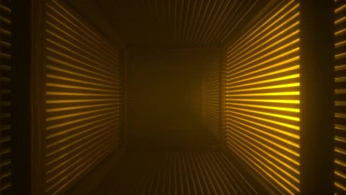 方形木制隧道，明亮的体积橙色闪烁。抽象科幻背景。走廊。未来主义概念。在带百叶窗墙的房间里发光。向前迈