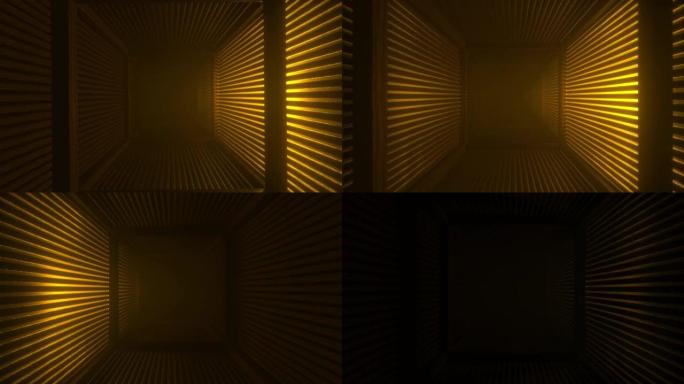 方形木制隧道，明亮的体积橙色闪烁。抽象科幻背景。走廊。未来主义概念。在带百叶窗墙的房间里发光。向前迈