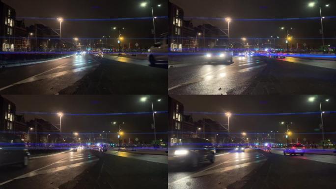 阿姆斯特丹夜间带有变形透镜照明弹的城市交通