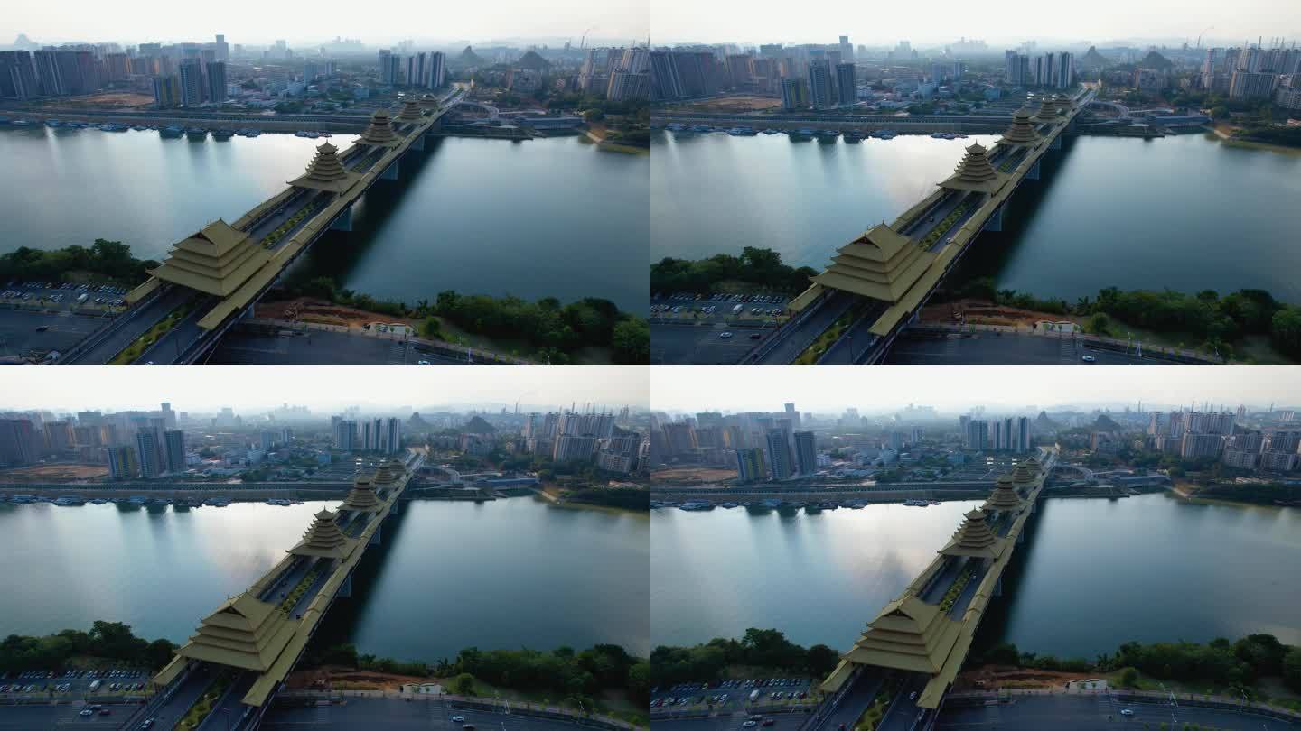 柳州凤凰岭风雨桥落日城市建筑柳江风光航拍