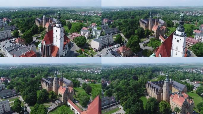 波兰下西里西亚省ole ś nica的大教堂。在第二个计划中，奥莱希尼察公爵的历史城堡。无人机视频上