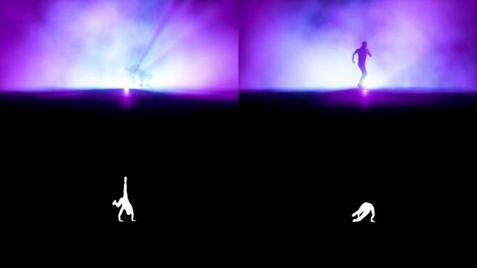 嘻哈步法舞者在舞台上面对彩色聚光灯、慢动作、无缝循环、亮度哑光