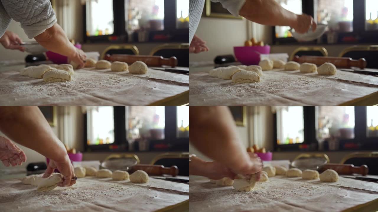 高级妇女用面粉撒面包面团